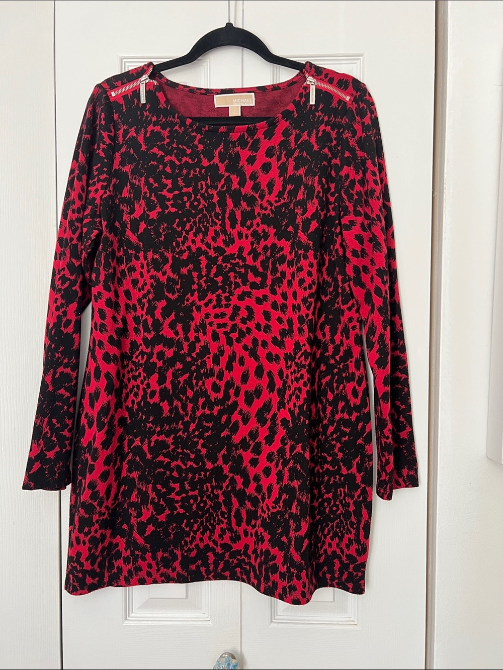 MICHAEL Michael Kors Red and Black Animal-Print Long Sleeve Dress